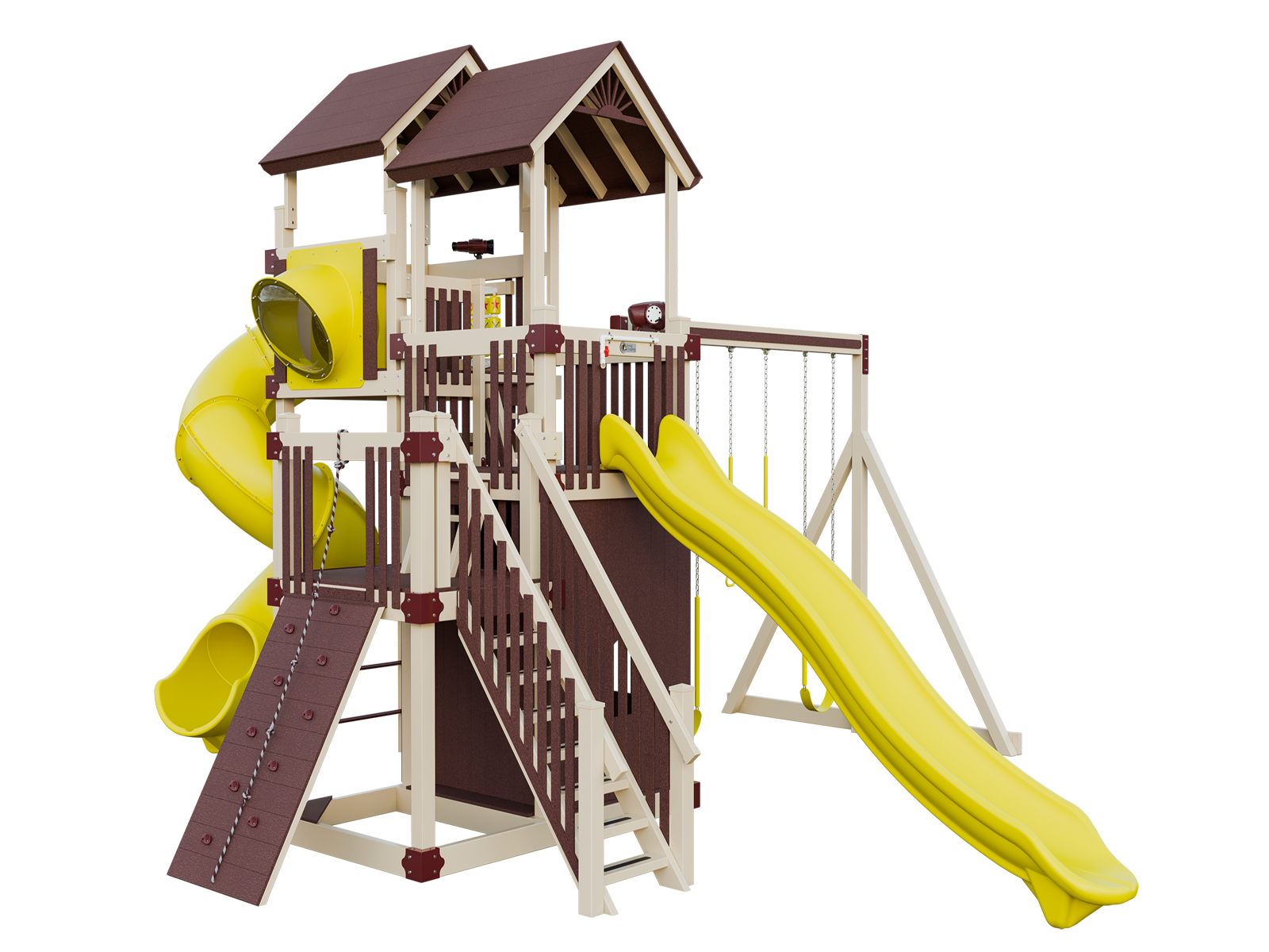 A playground set with a yellow slide, stairs, and swings.