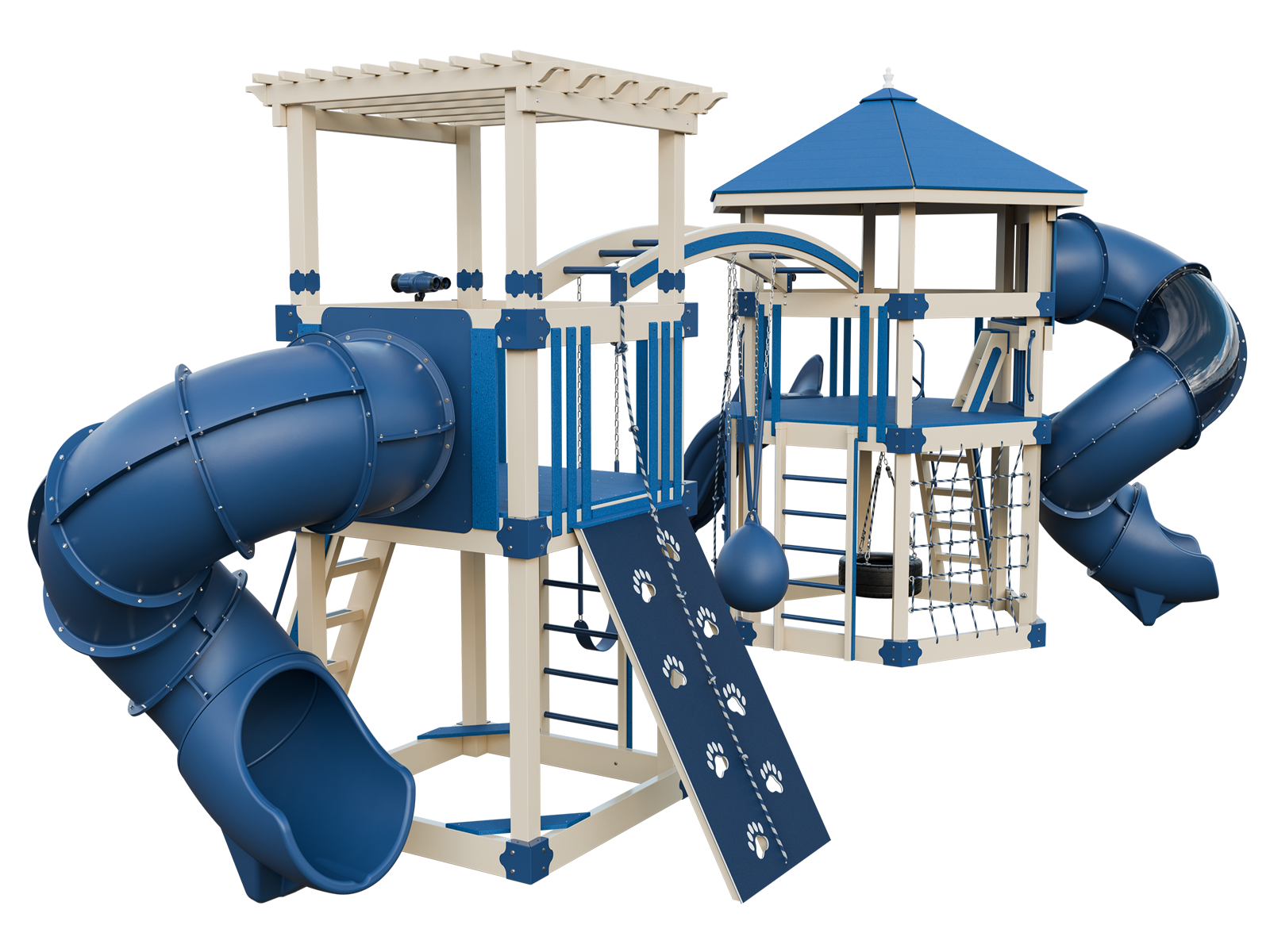 A blue and white playground set with a slide and climbing wall