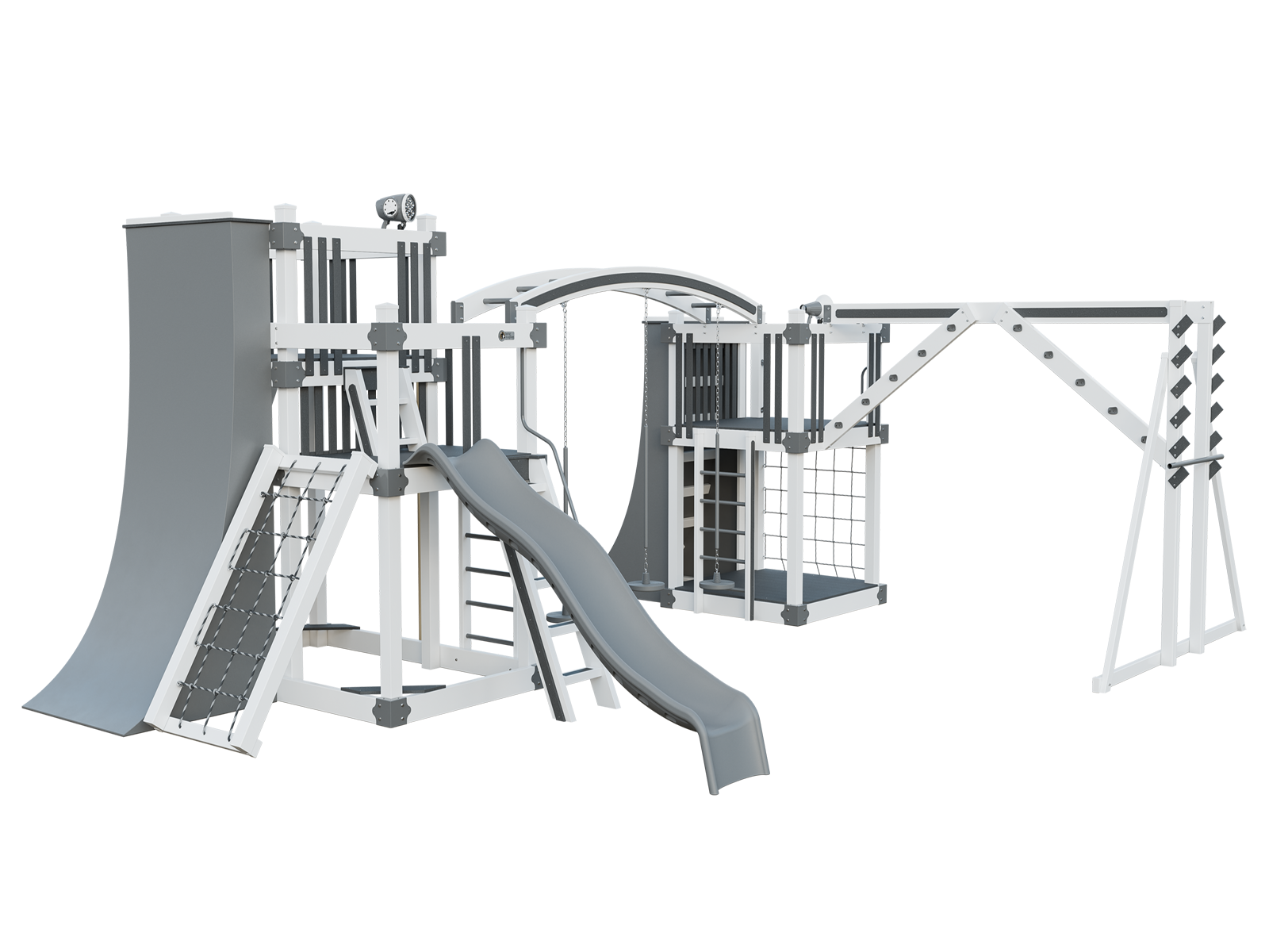 A 3d model of a playground with a slide and swings.