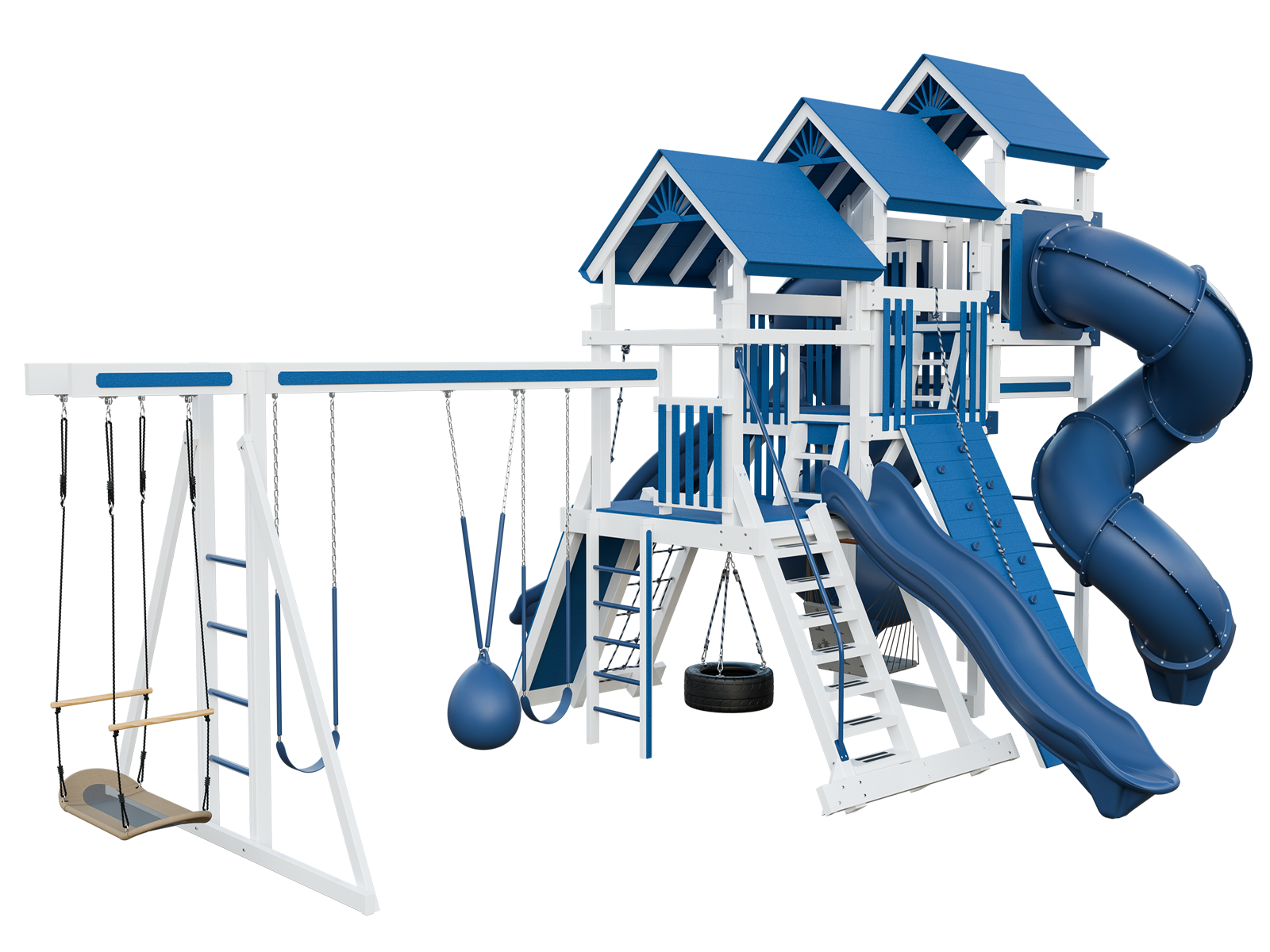 A blue and white playground with a slide and swings