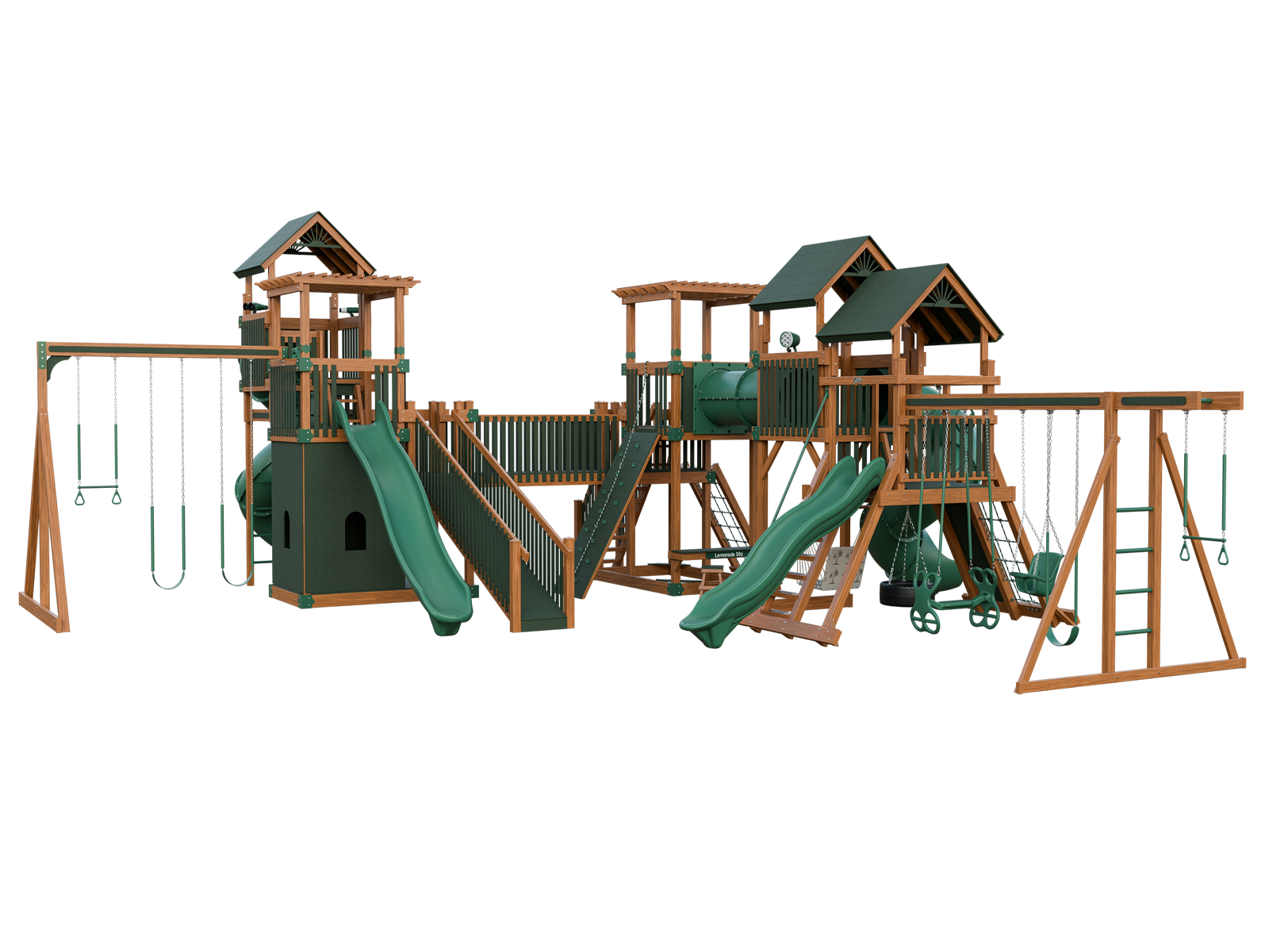 A wooden playground set with a slide, swings, and a tower on a white background.