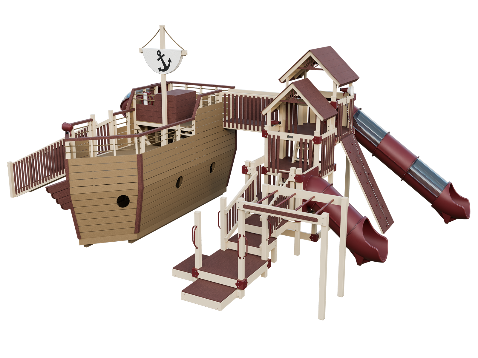 A pirate ship playground with a slide and stairs