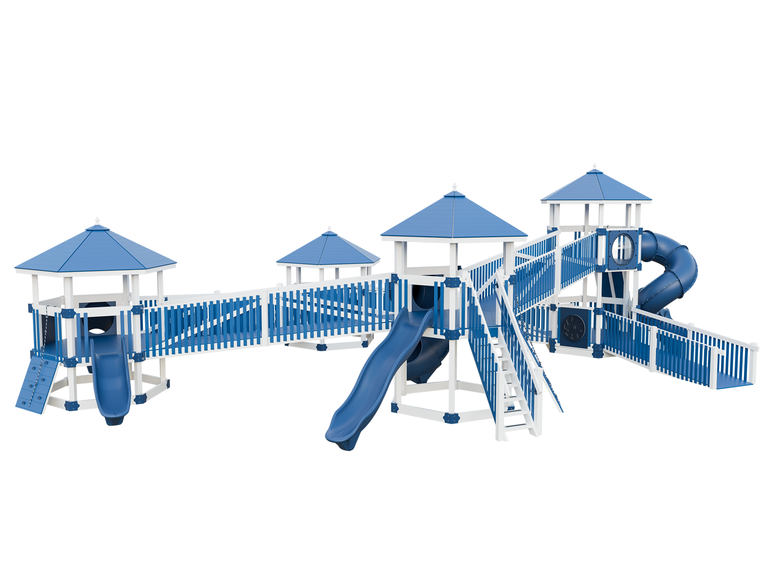 A blue and white playground set with a slide and stairs.