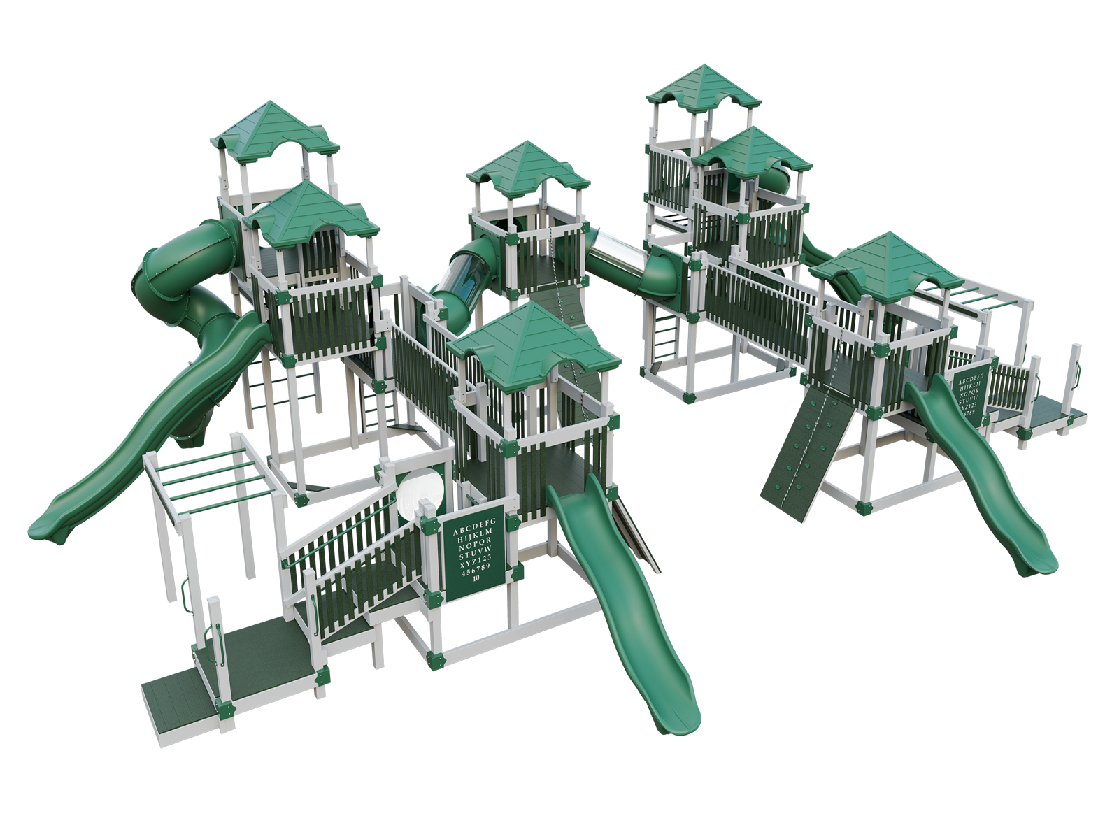 A 3d model of a large green playground set with a slide.