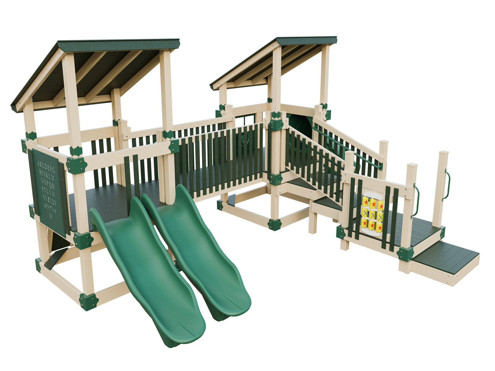 A wooden playground with two green slides and a canopy.