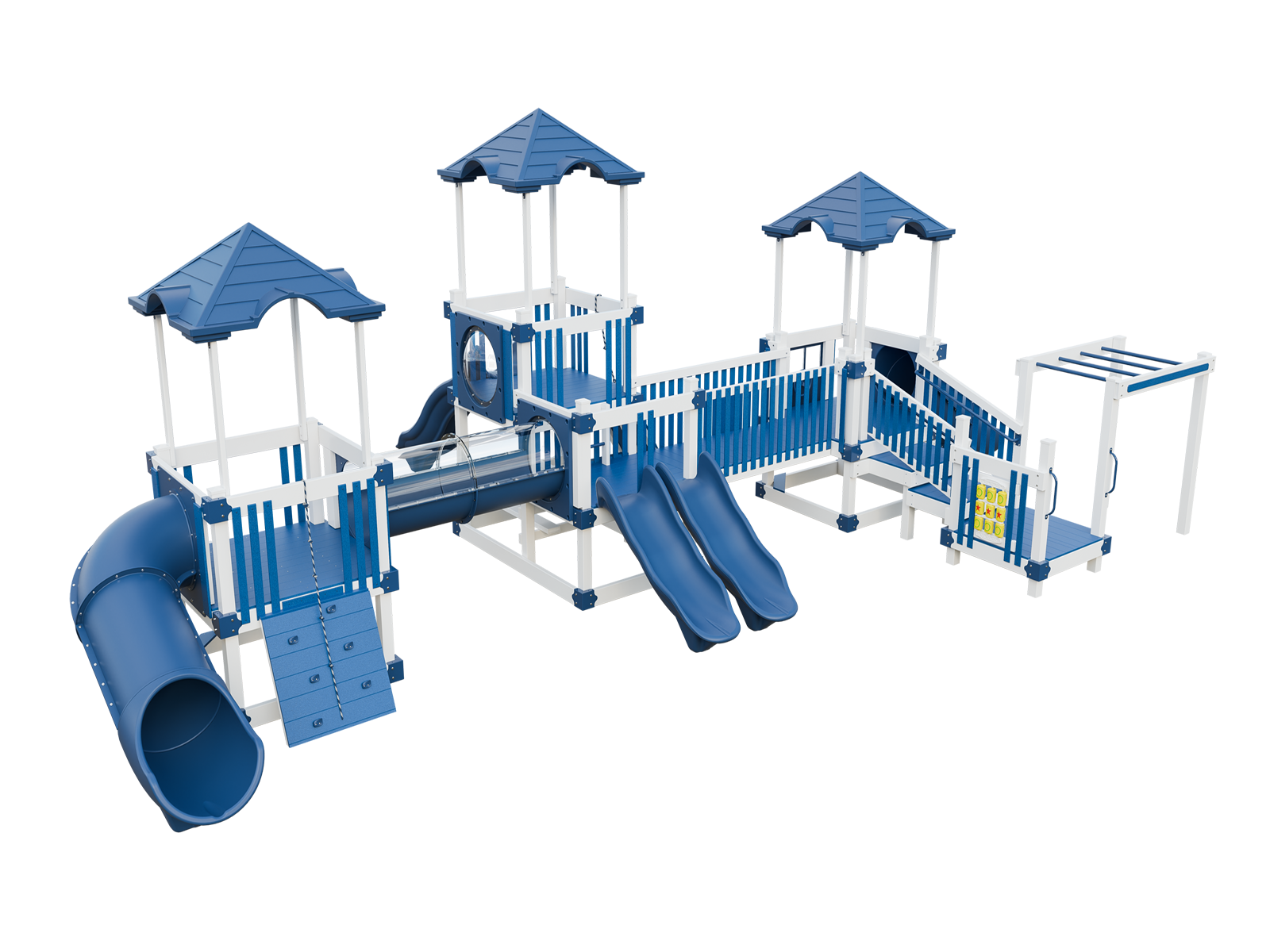 A blue and white playground set on a white background.