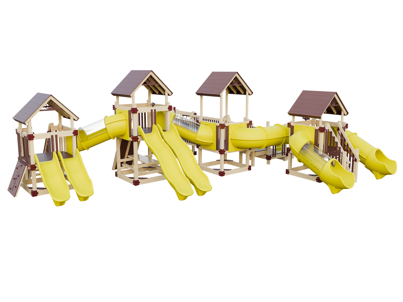 A wooden playground set with yellow slides and houses on a white background.