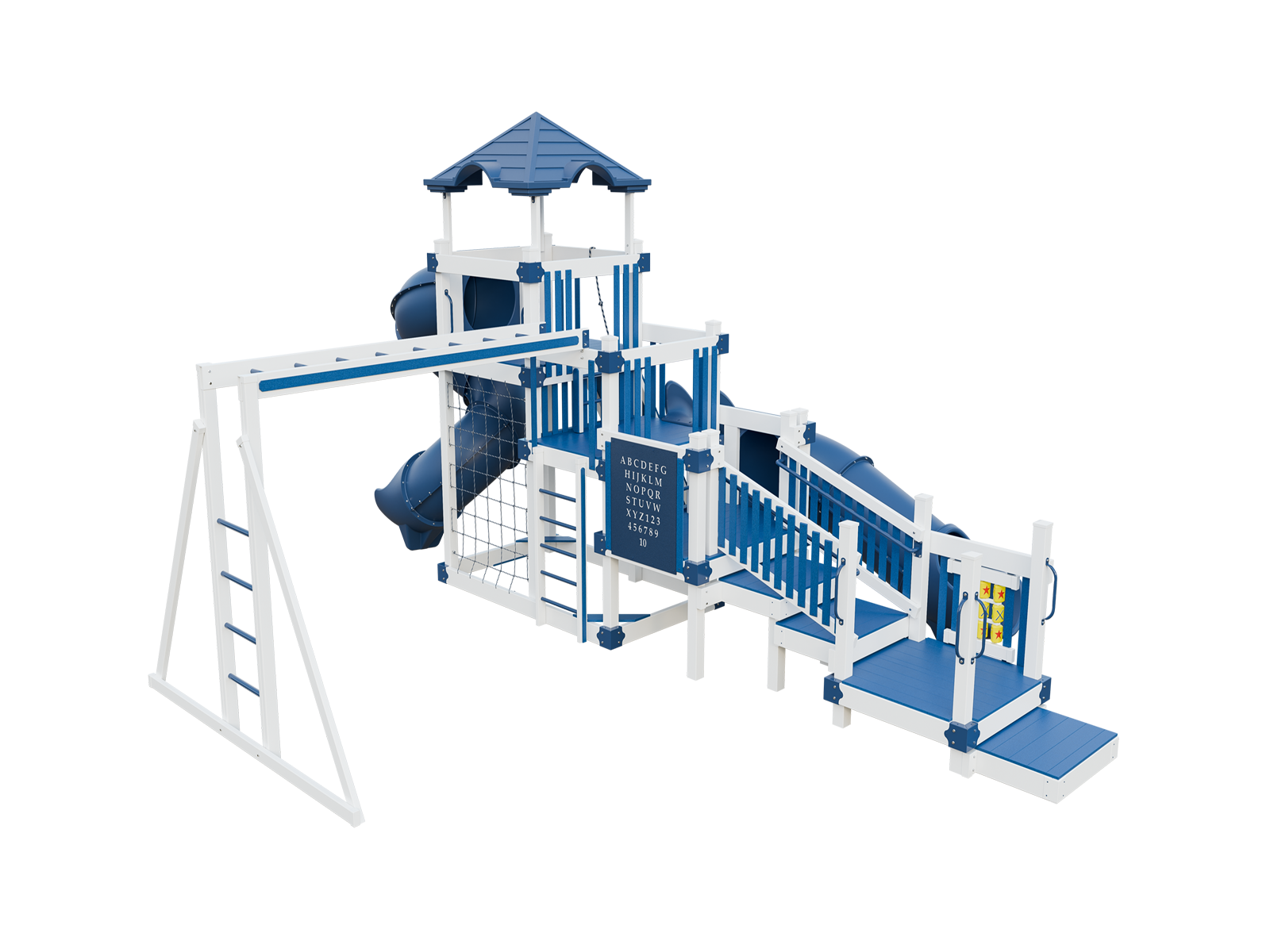 A blue and white playground set with a slide and swings on a white background.