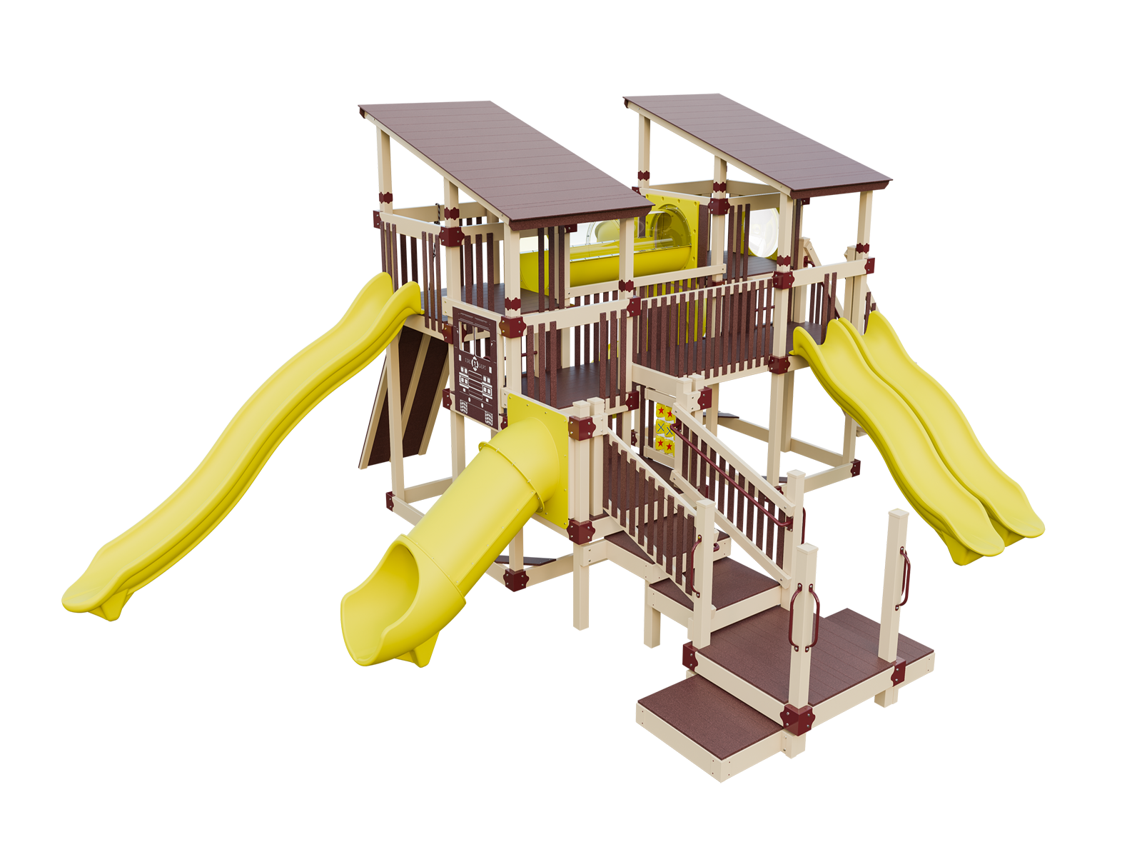 A wooden playground with yellow slides and stairs on a white background.