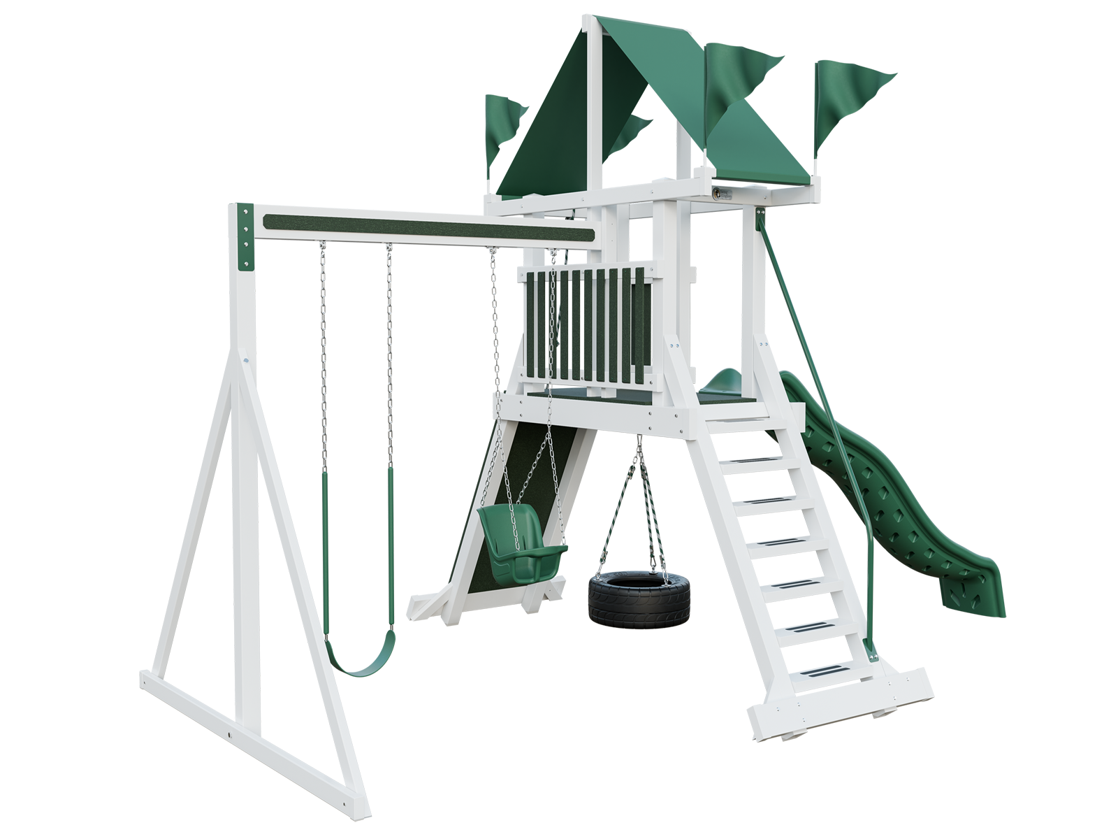 A white swing set with a green slide and a tire swing.