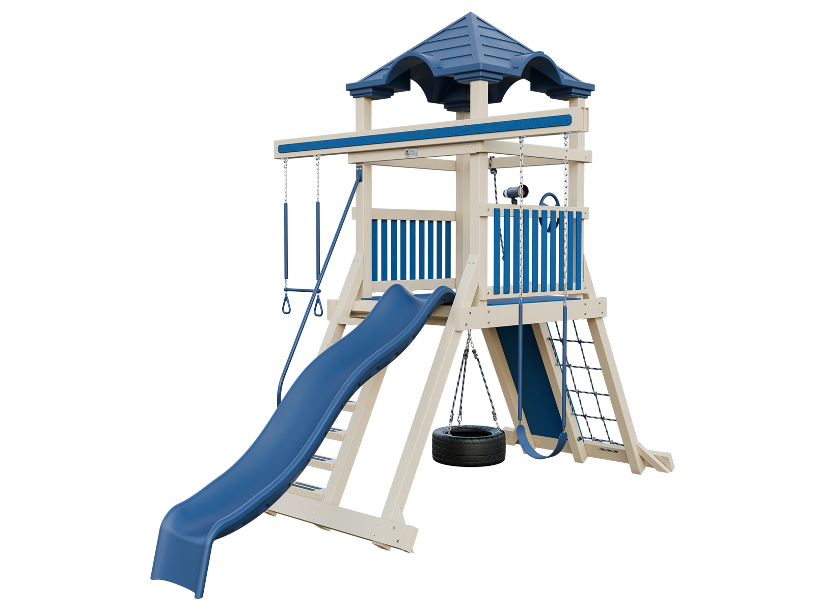 A blue and white playground set with a slide and swings.