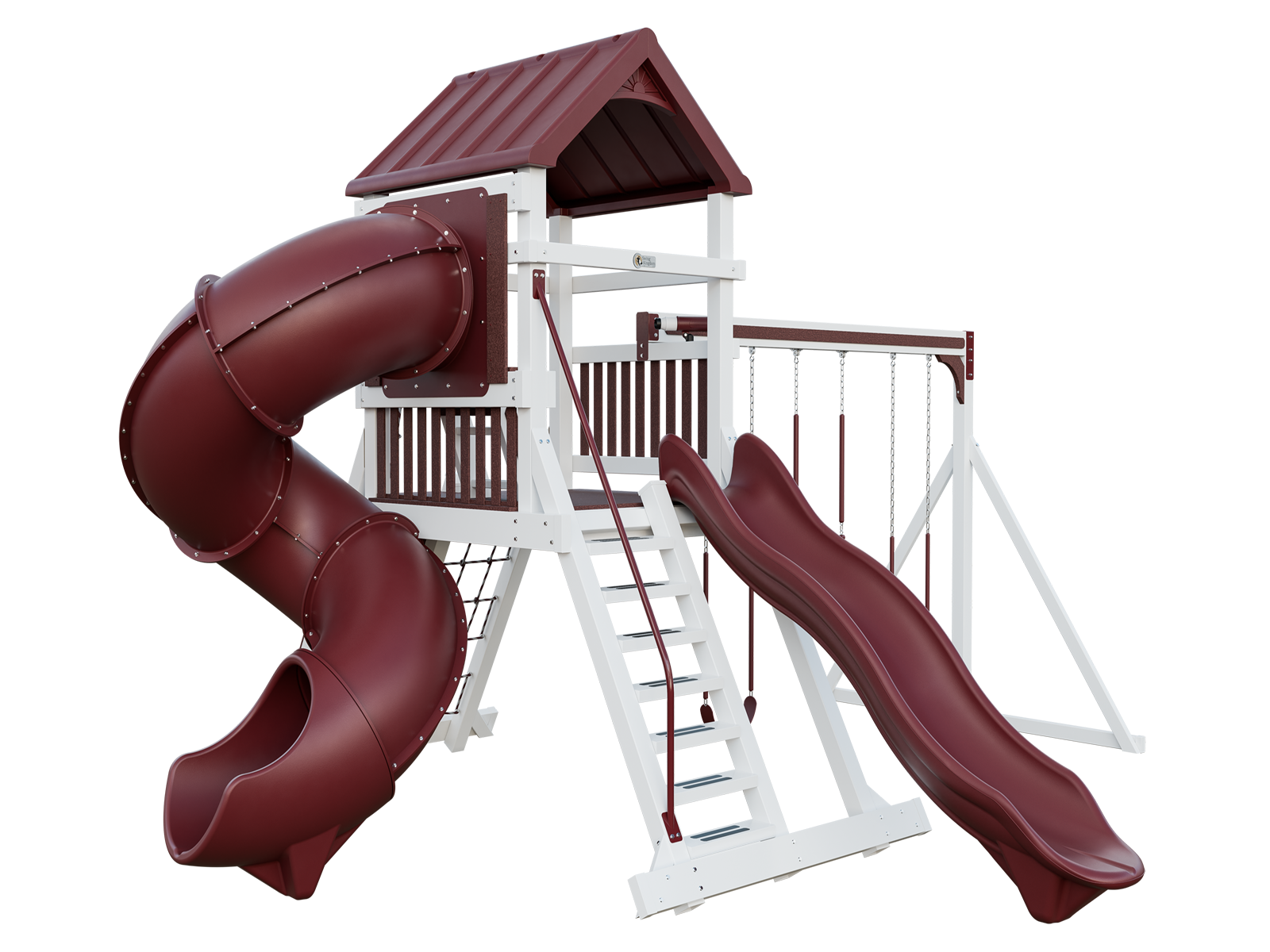 A playground set with a red slide and swings