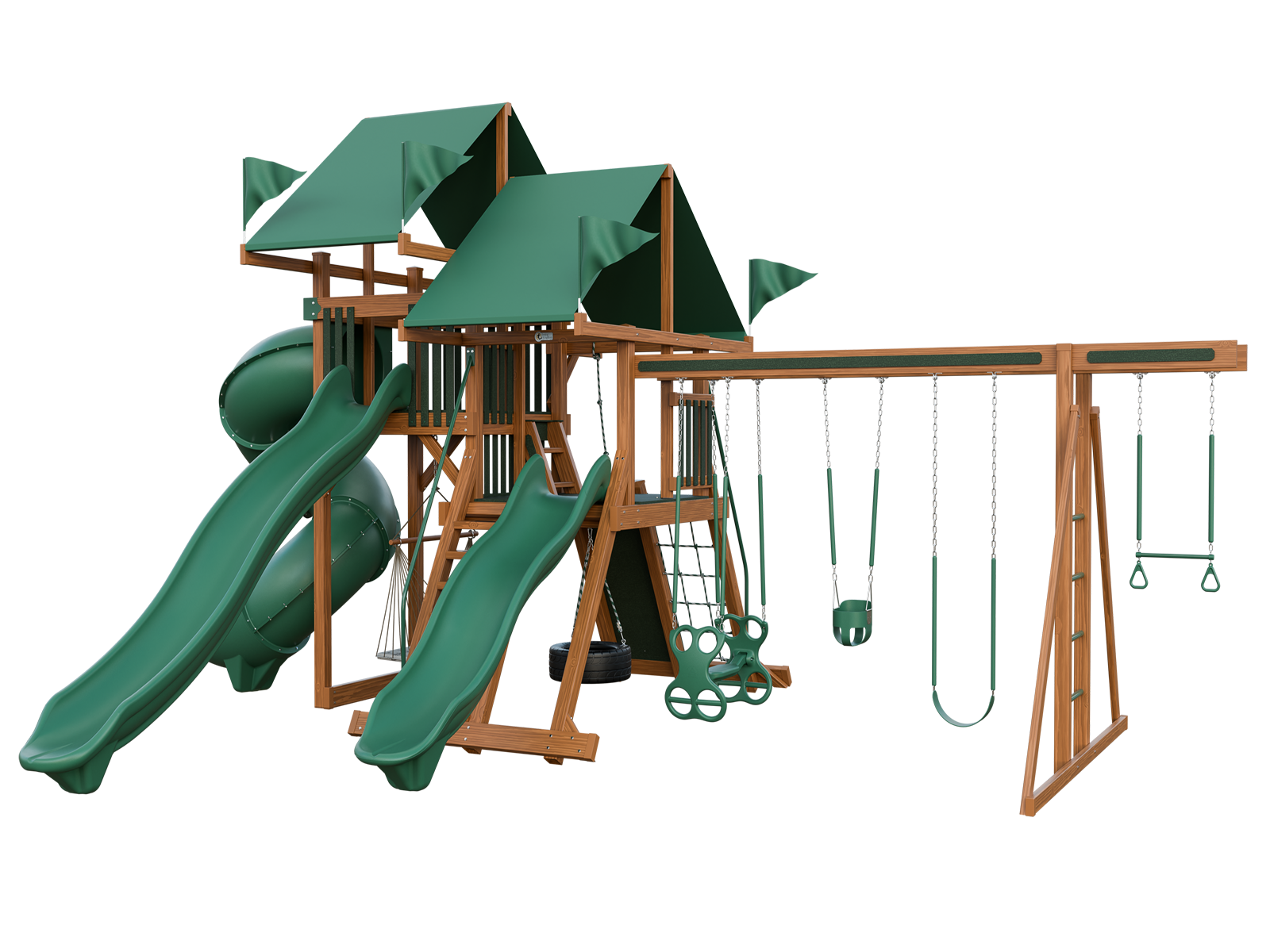 A wooden playground set with a green slide and swings.