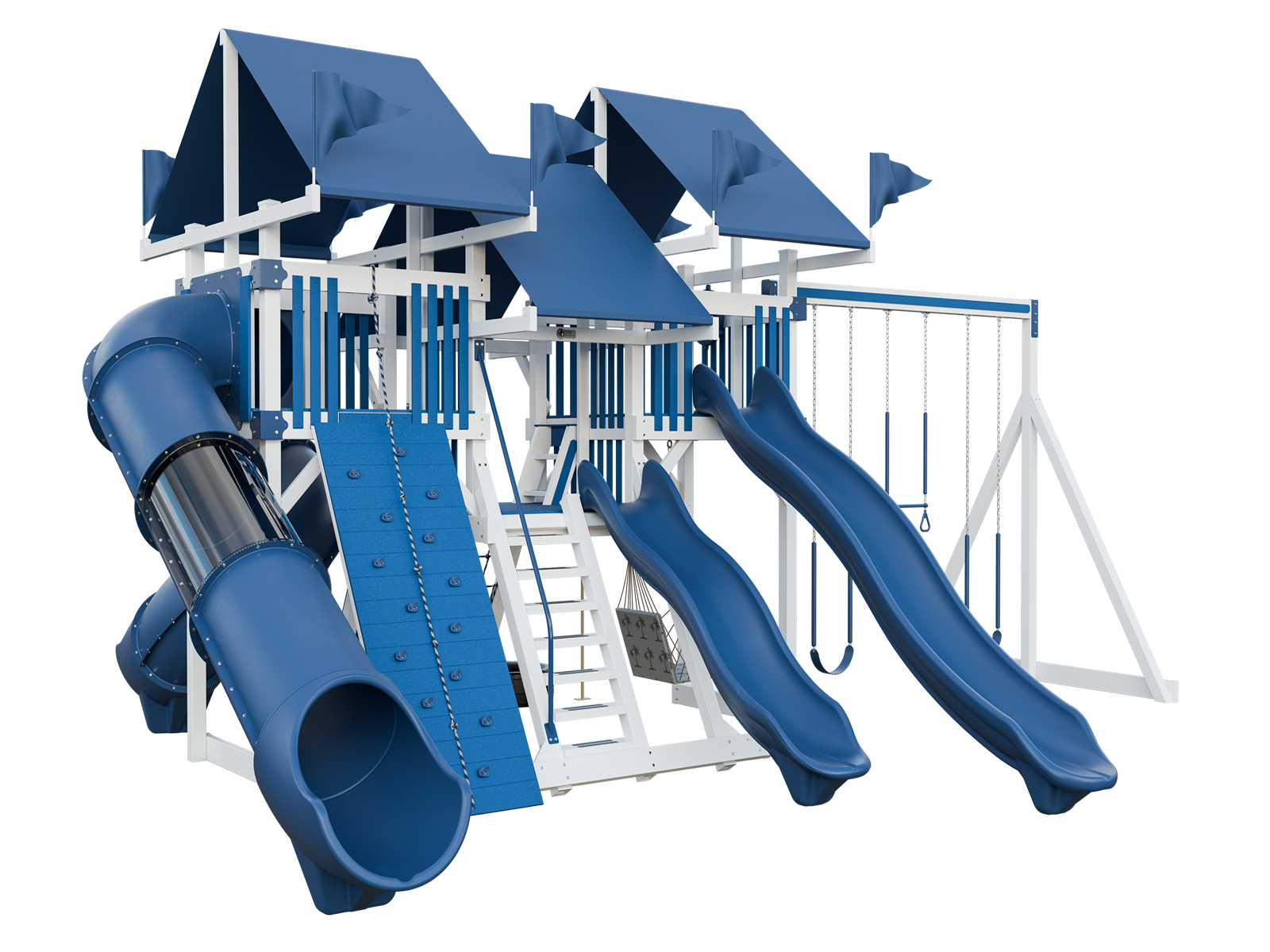 A blue and white playground set with slides and swings