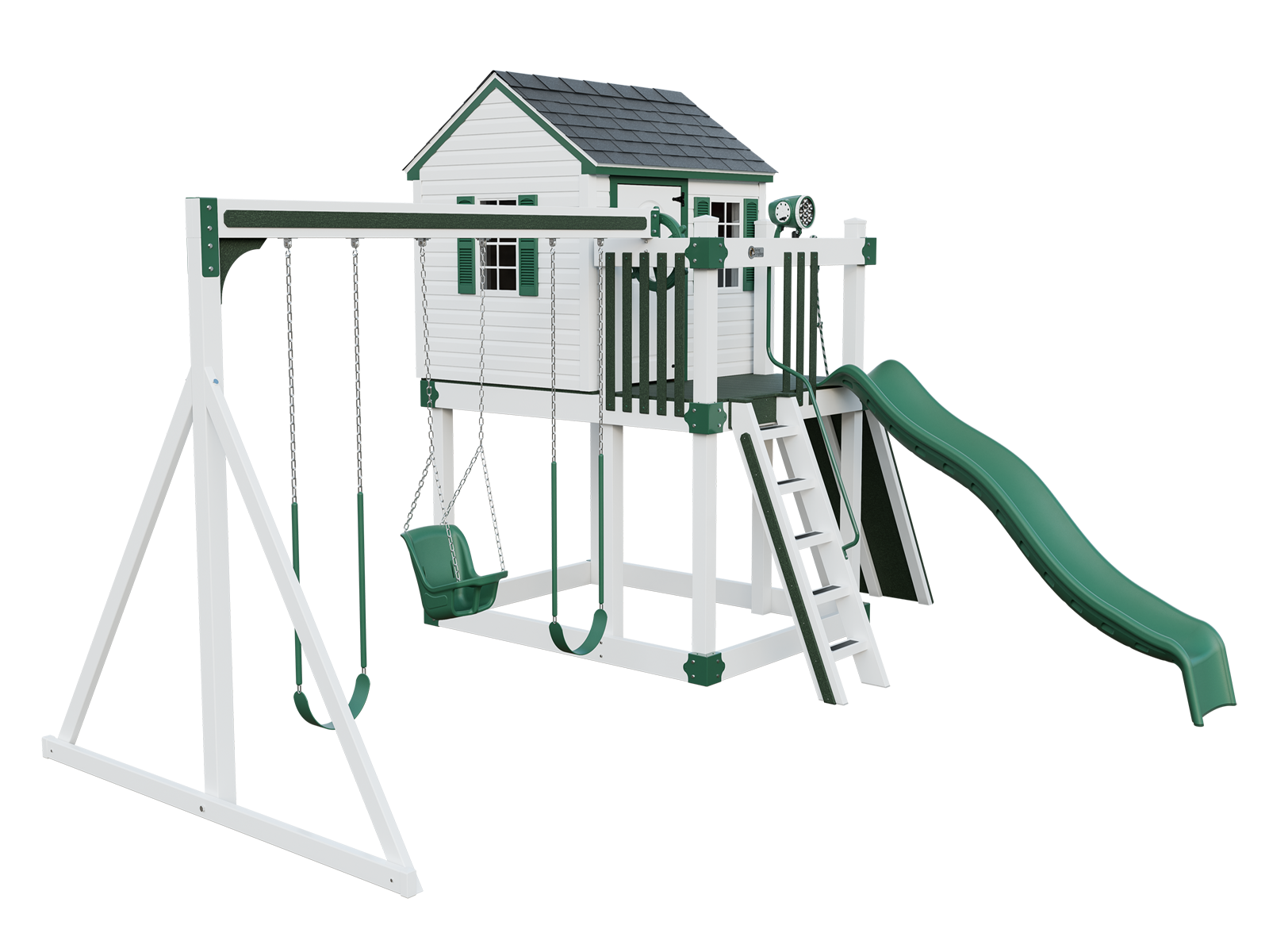 A white swing set with a green slide and swings