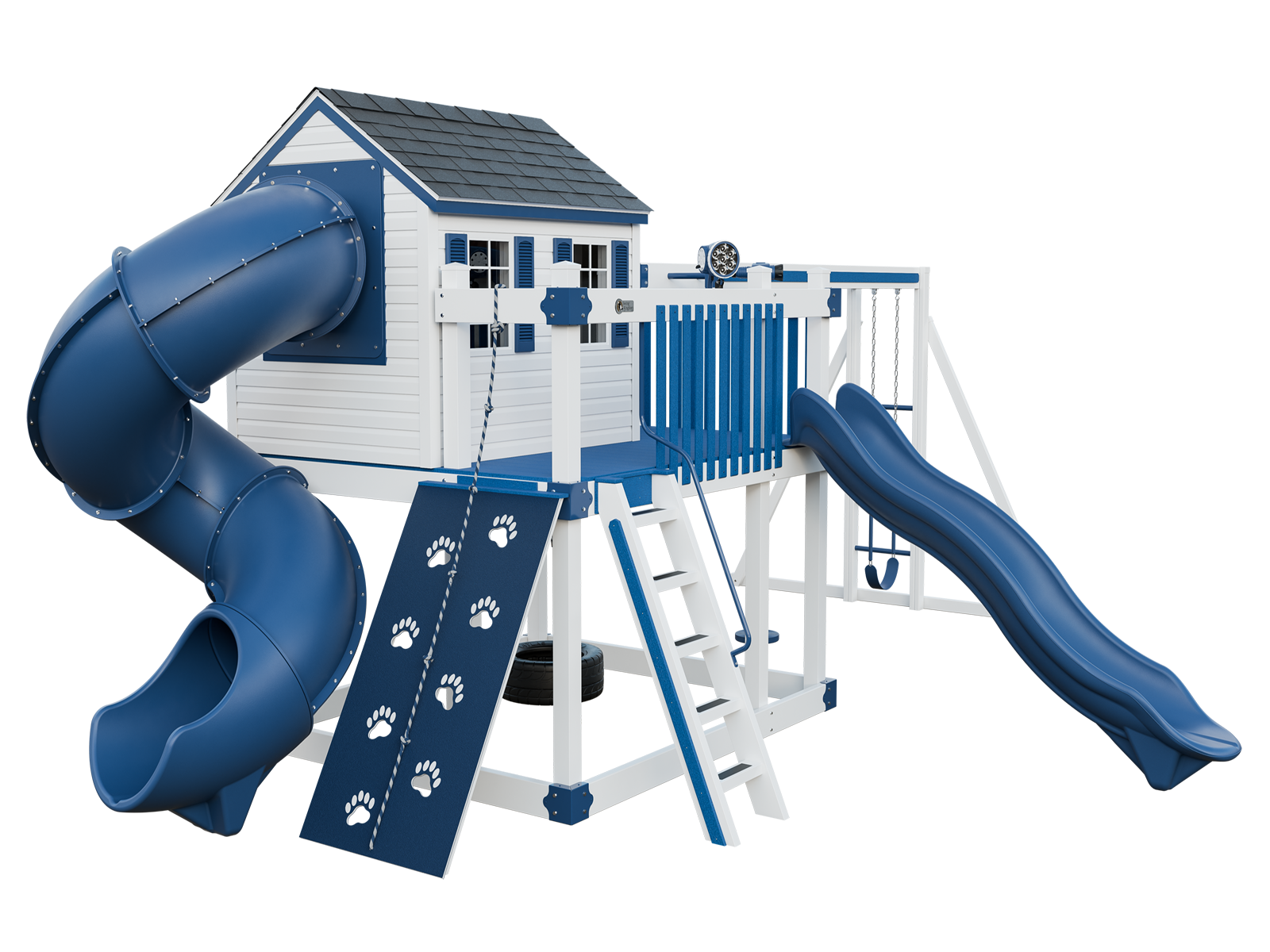 A blue and white playground set with a house and a slide