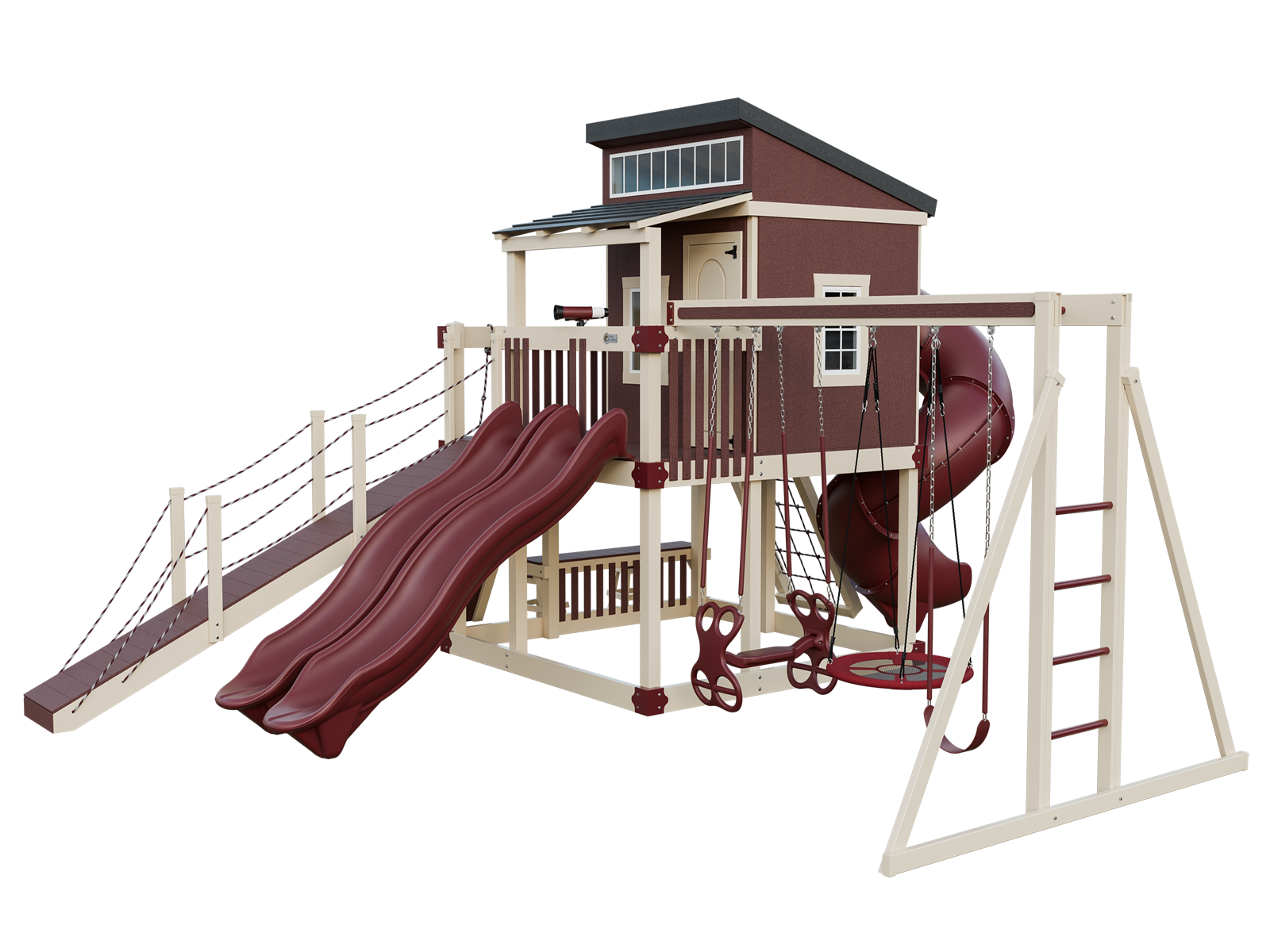 A playground set in the shape of a house with a slide and swings.