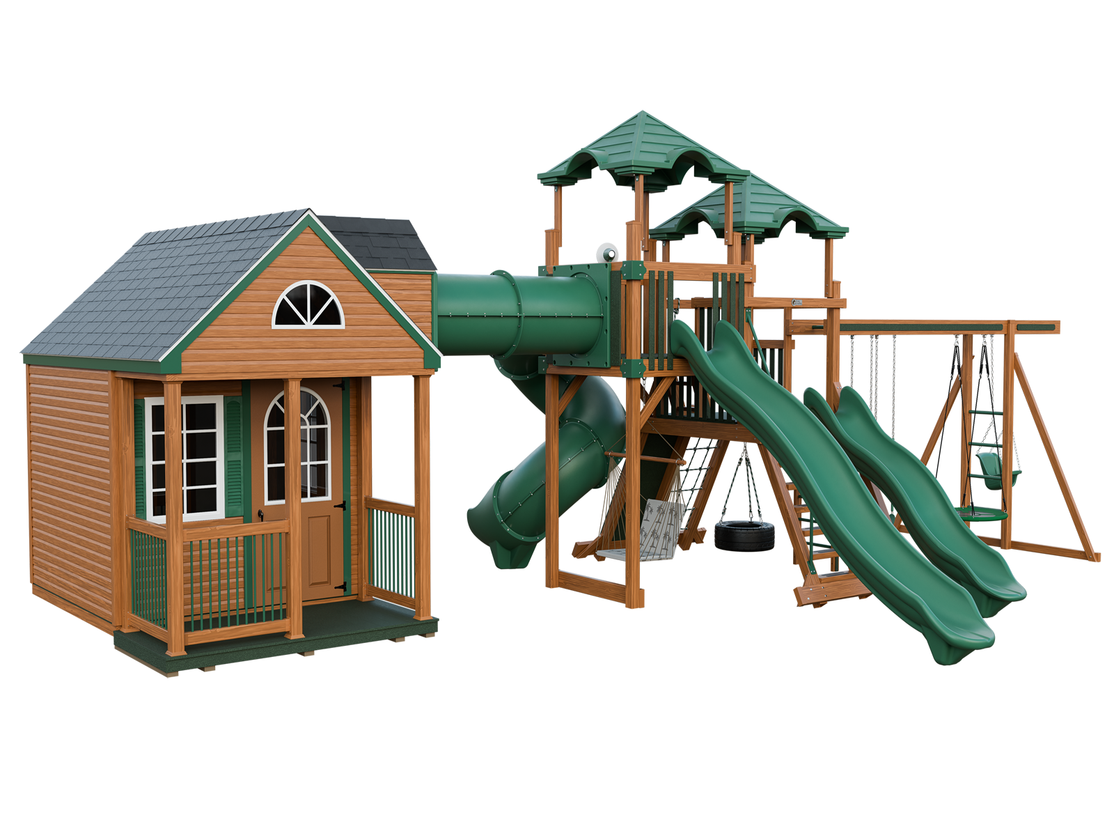 A wooden playhouse with a green slide and swings.