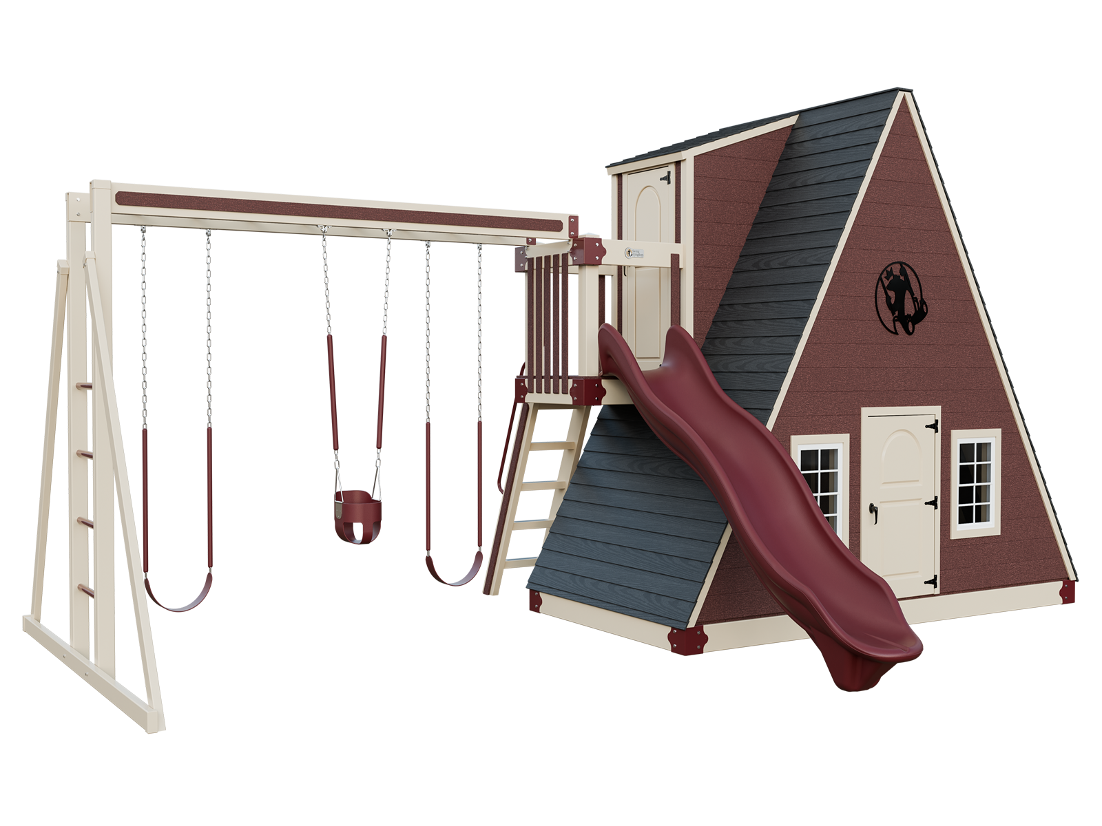 A red and white playground set with a slide and swings