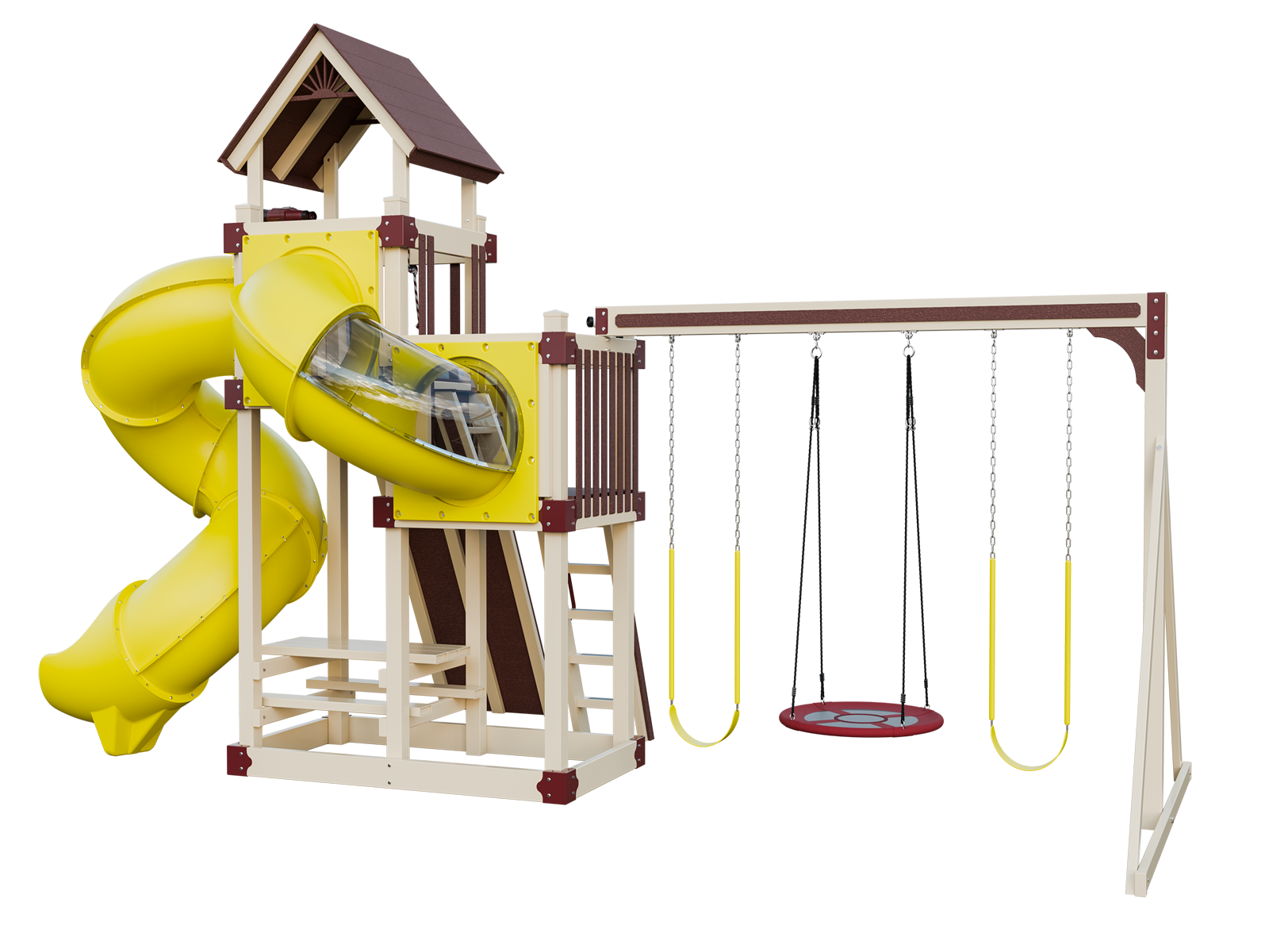 A playground set with a yellow slide and swings on a white background.