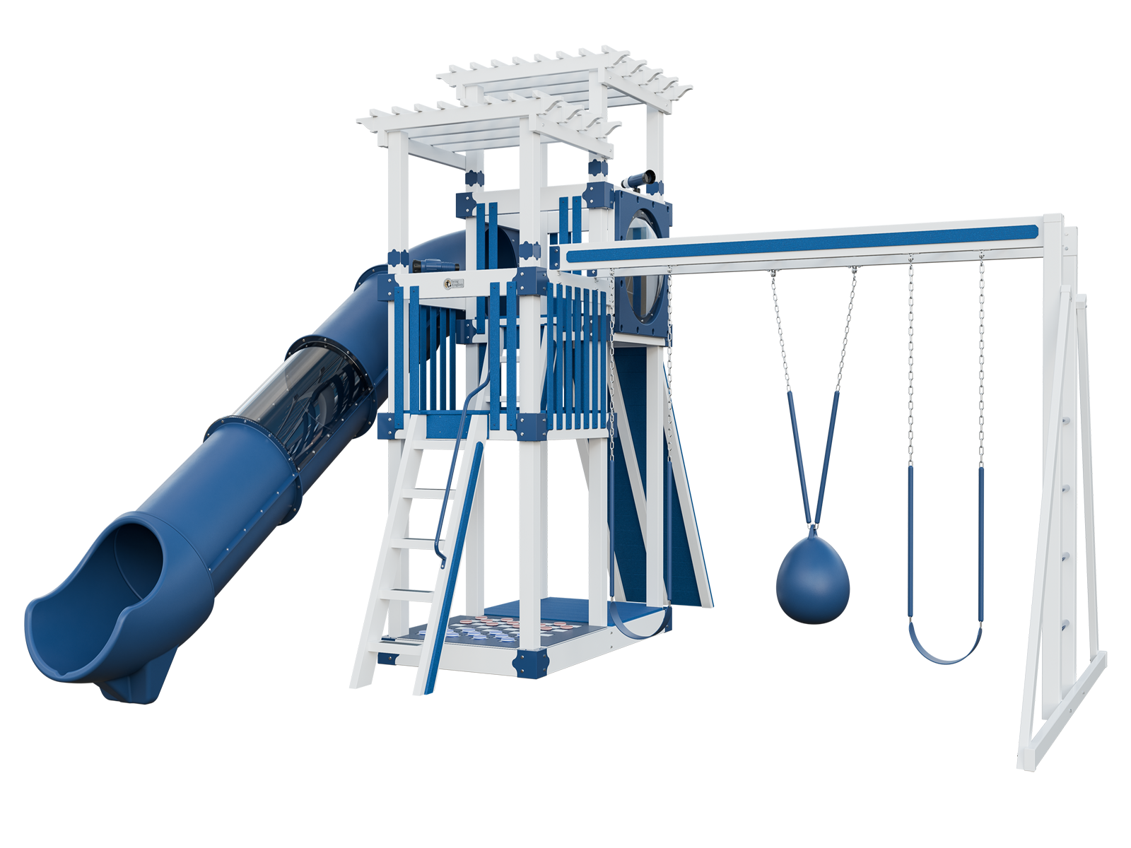 A blue and white playground set with a slide and swings.