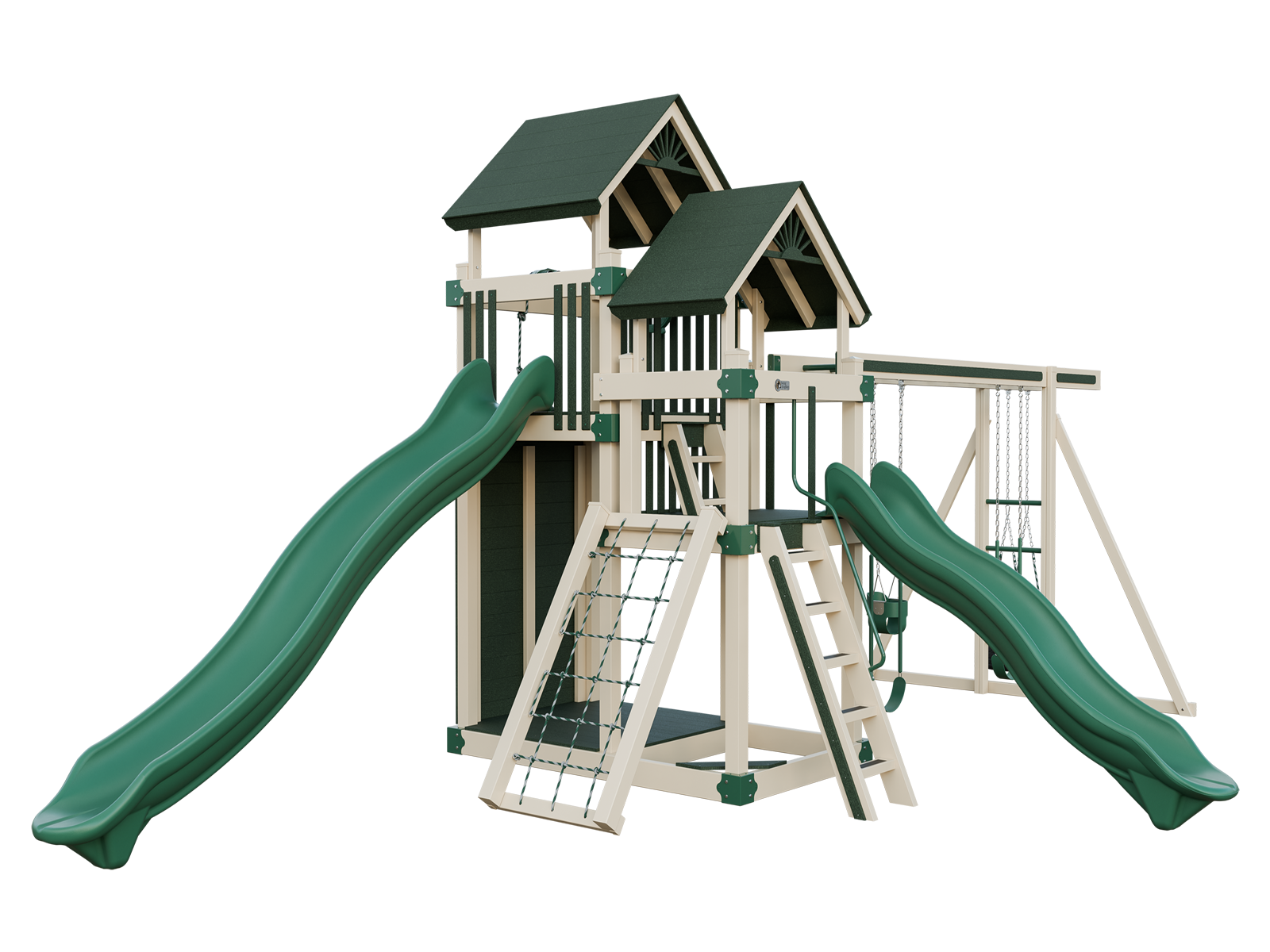 A white and green playground set with two green slides