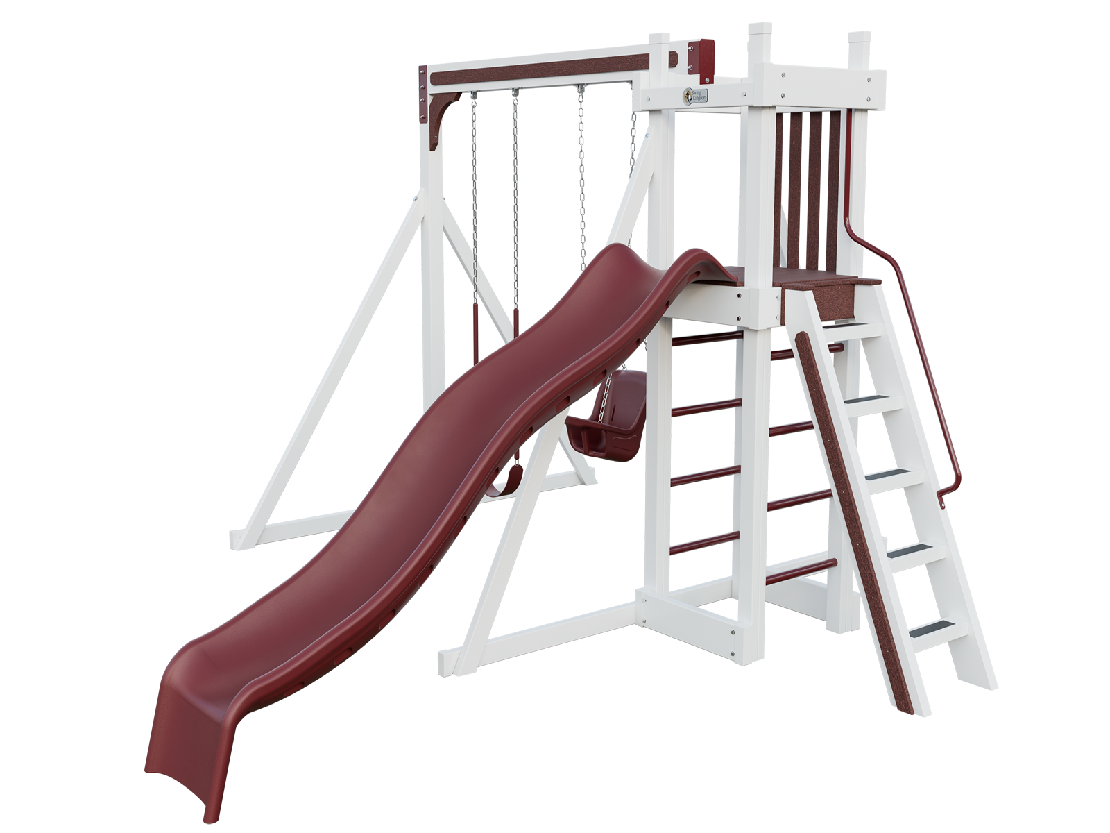 A white playground set with a red slide and swings.