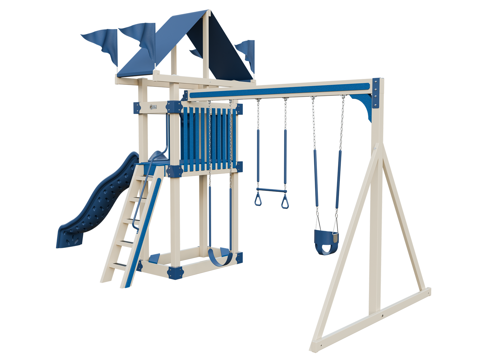 A blue and white playground set with a slide and swings.