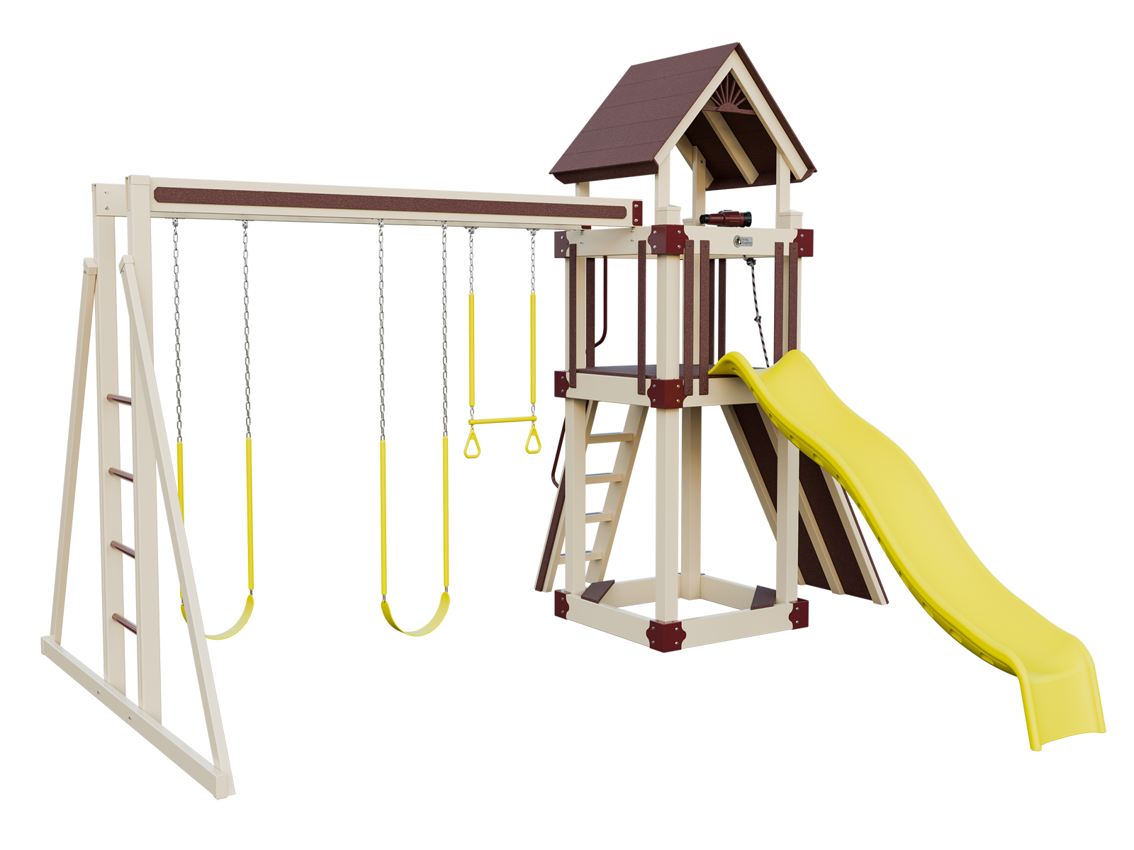 A wooden playground set with a yellow slide and swings.