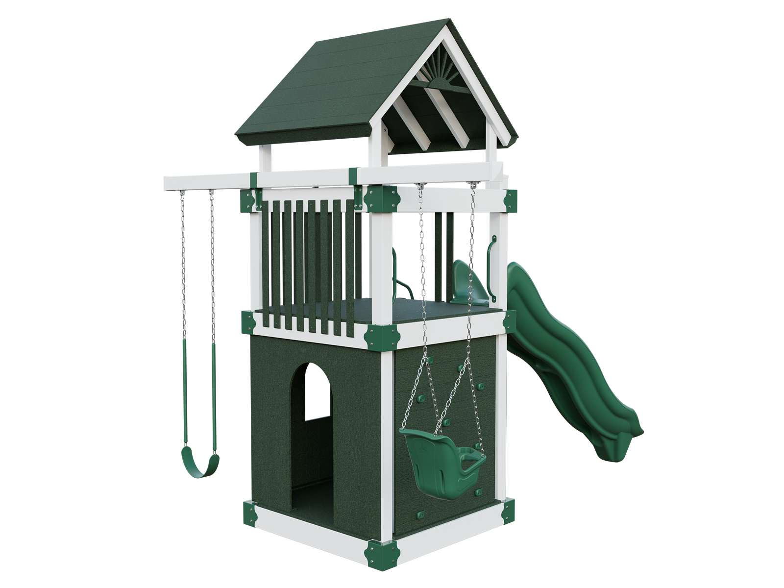 A green and white playground set with a slide and swings