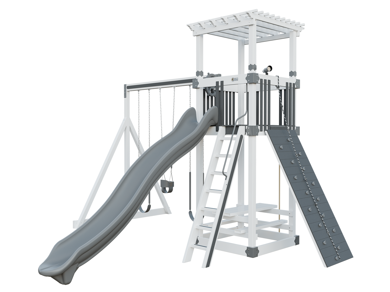 A white playground set with a gray slide and swings.