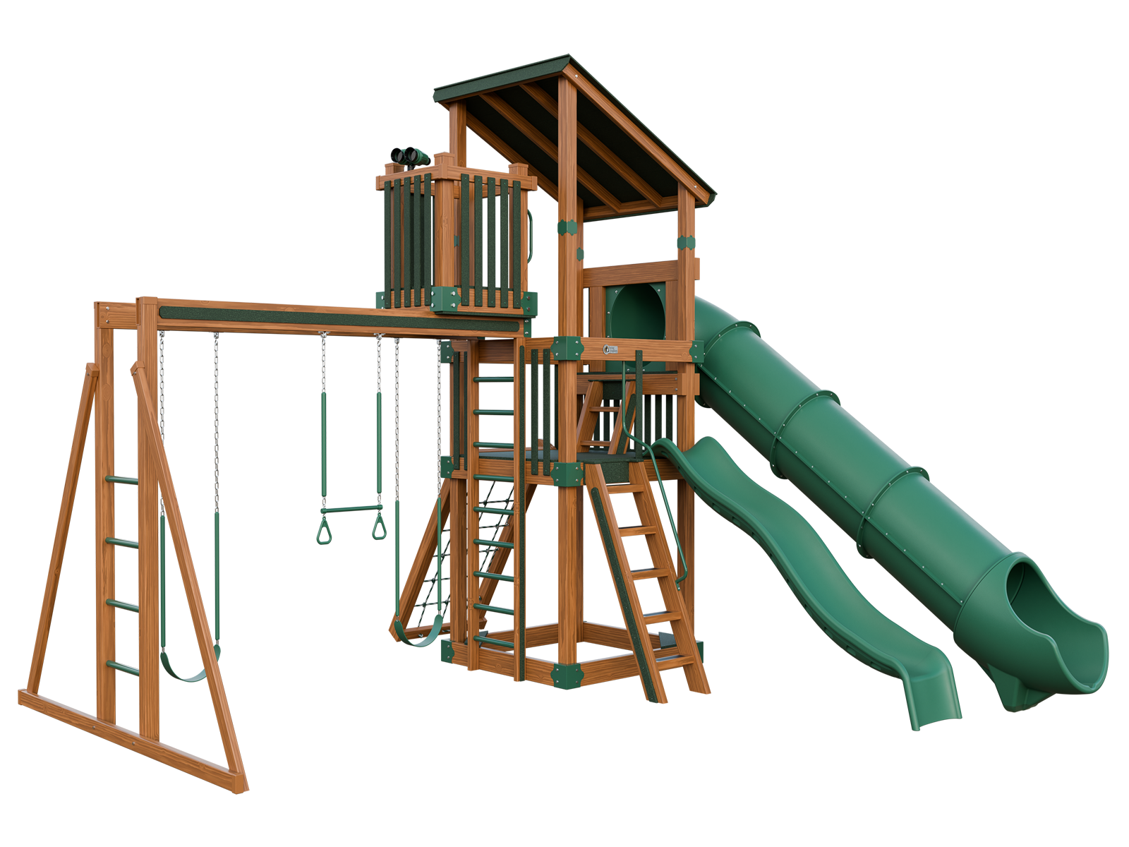 A wooden playground set with a green slide and swings.