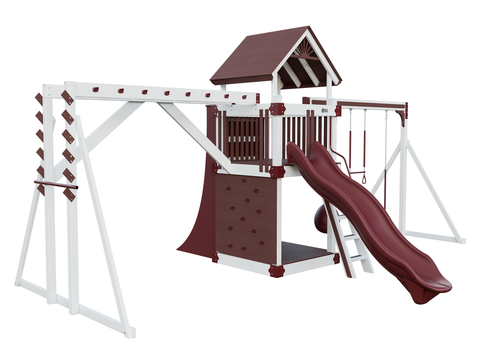 A red and white playground set with a slide and swings