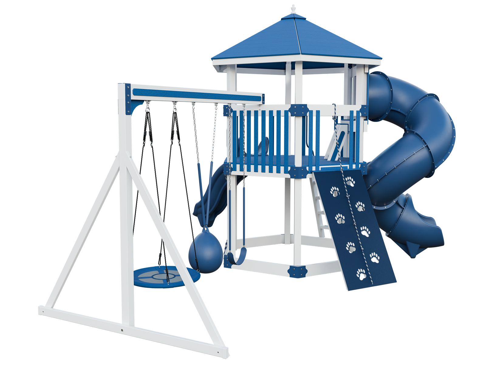 A blue and white playground set with a slide and swings.