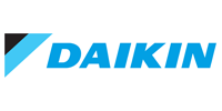 Daikin logo in blue with black and cyan geometric accent on white background