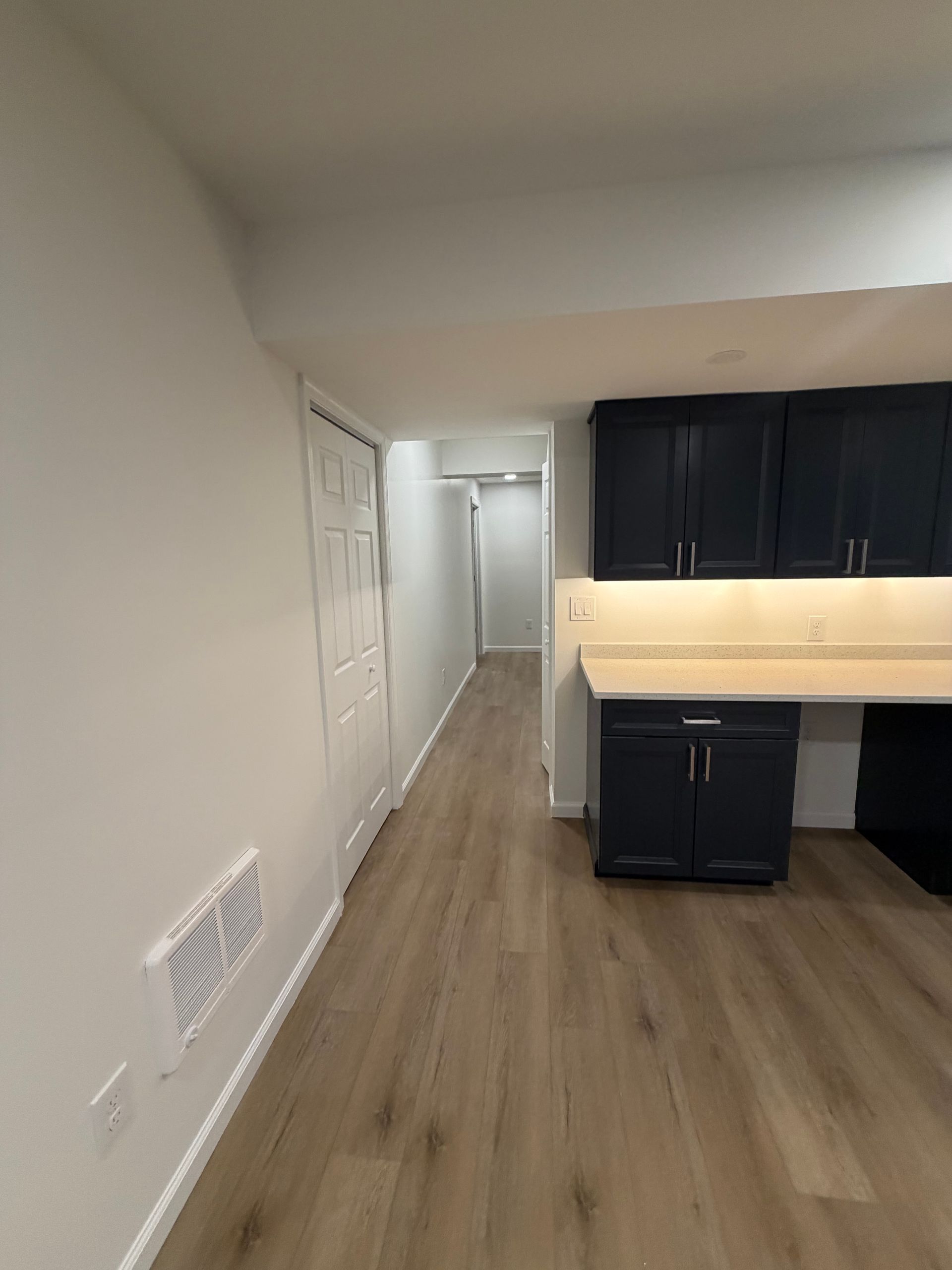 Empty apartment kitchen with light wood floors, white walls, and dark cabinets along the right side.