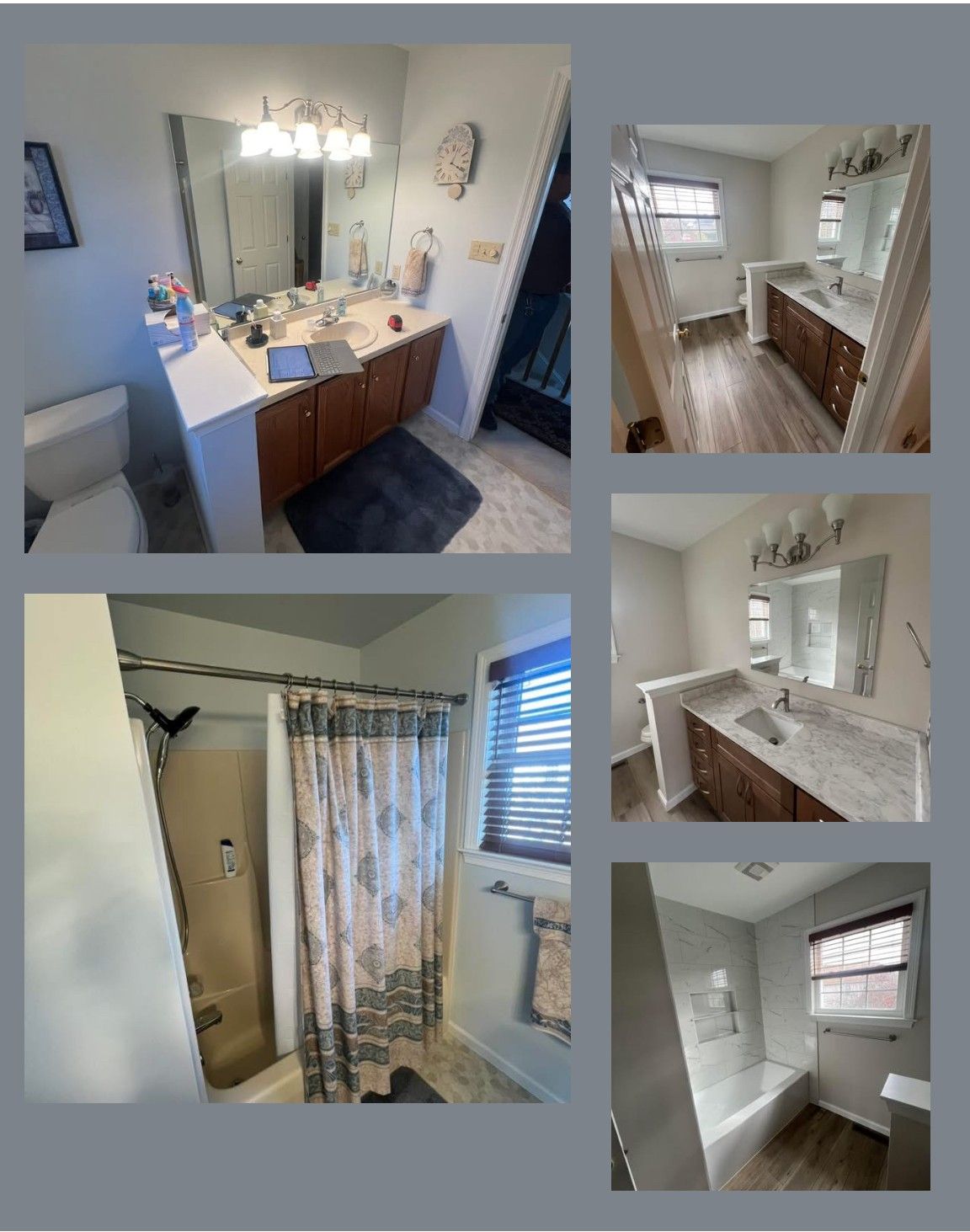 Collage of bathroom photos, vanity with sink, toilet, shower, and window with blinds.