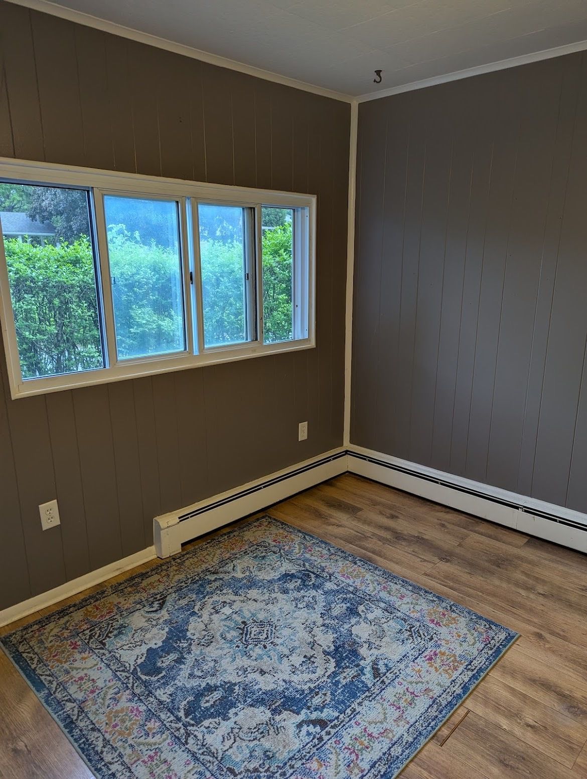An empty room with a rug and a large window.