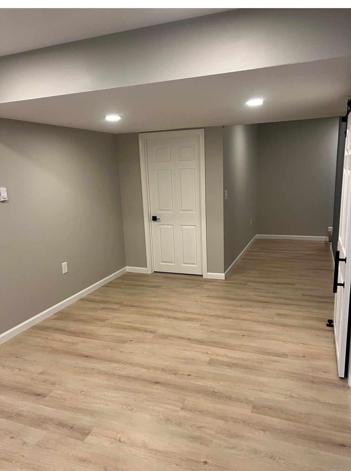 Finished basement with light wood-look flooring, gray walls, white door, and recessed lighting.
