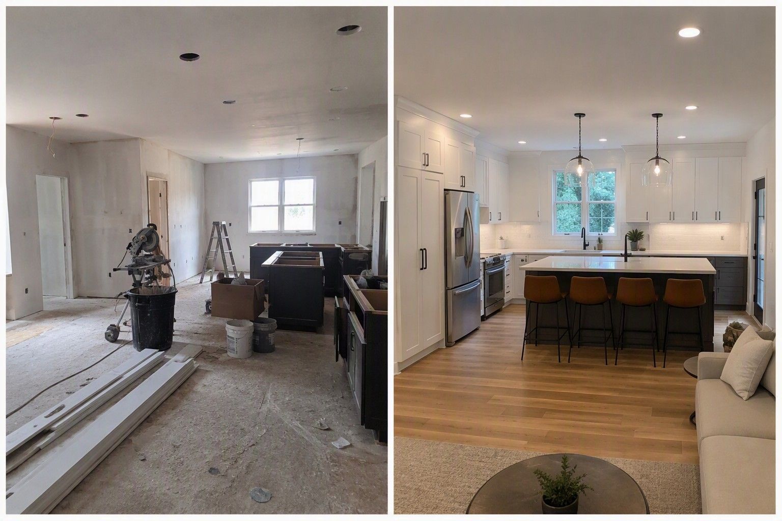 Kitchen renovation before-and-after: unfinished room on left, modern white kitchen with island on right