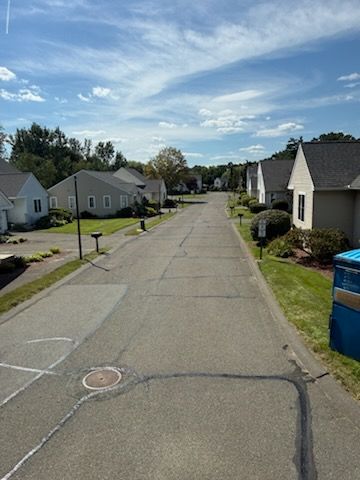 Quiet suburban street lined with beige houses, trees, and a blue recycling bin on a sunny day