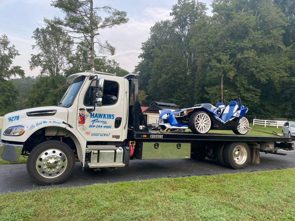 Tow truck carrying a blue race car on a flatbed, parked roadside with trees in the background