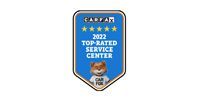 Blue and white CARFAX Top-Rated Service 2022 badge with stars and a small car graphic