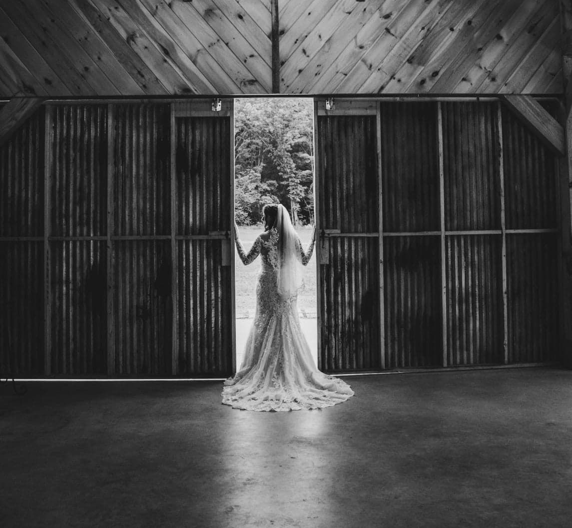 Outdoor wedding aisle with white chairs, decorative pampas grass, and forest backdrop