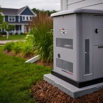 Gray outdoor generator unit beside a house, set on a concrete pad in a landscaped yard.