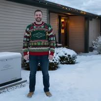Man standing on a snowy driveway in a patterned sweater outside a house at dusk