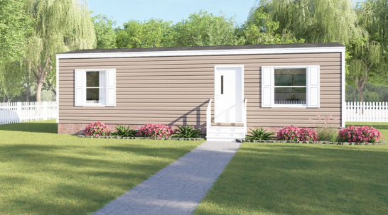 Single-story beige house with white trim, front walkway, and pink flowers in a green yard.
