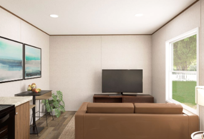 Modern living room with beige sofa, TV, side table, wall art, and large window