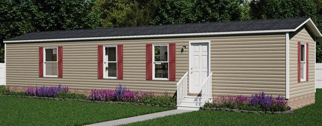 Single-story tan house with maroon shutters, a white door, and a small front porch in a grassy yard