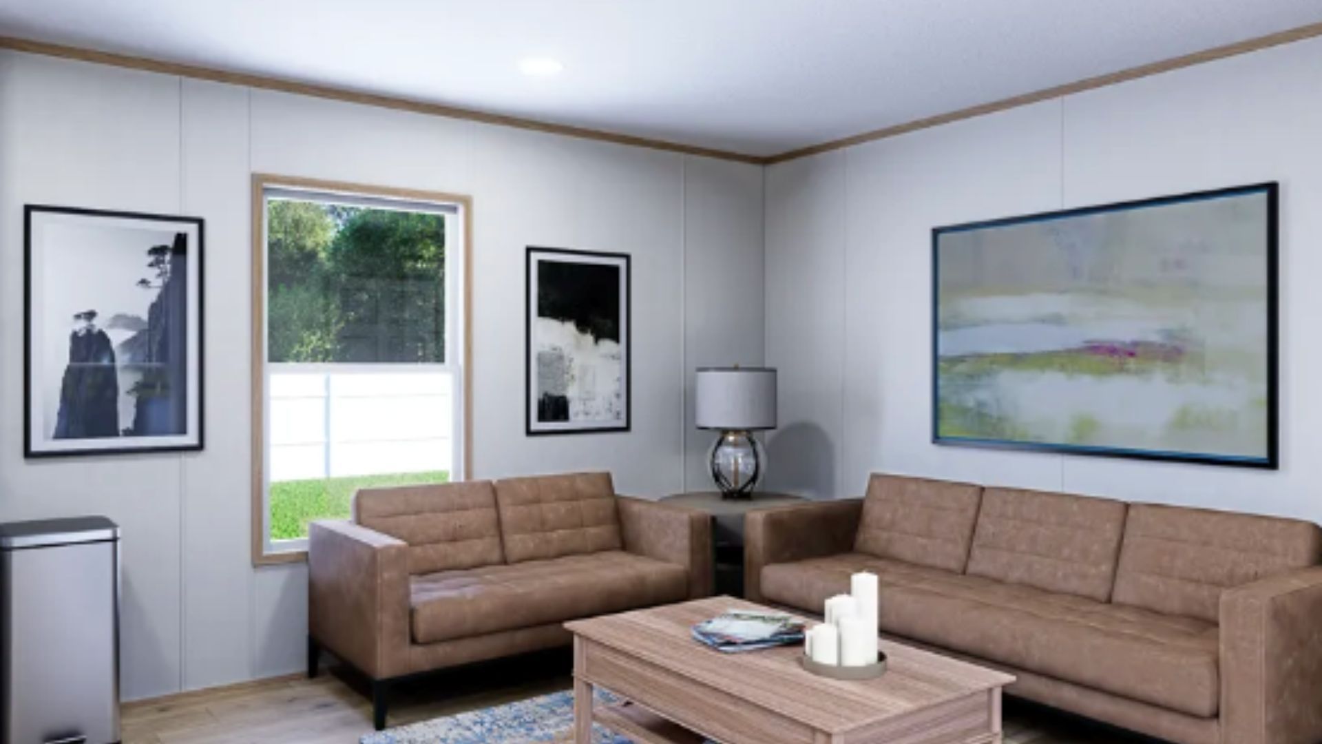 Bright living room with a fireplace, built-in TV cabinet, beige sofas, and large windows